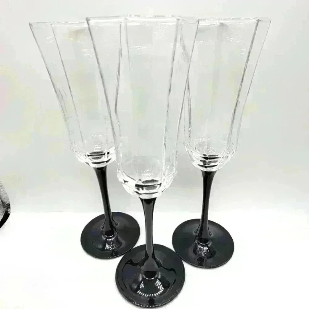 3 LUMINARC CRISTAL d'ARQUES DURAND BLACK STEM OCTIME Champagne Flute wine glass